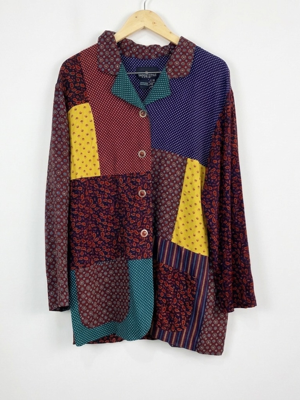 NWT Vintage Carole Little Sport Mixed Print Rayon Shirt Size 10 Patchwork 90s